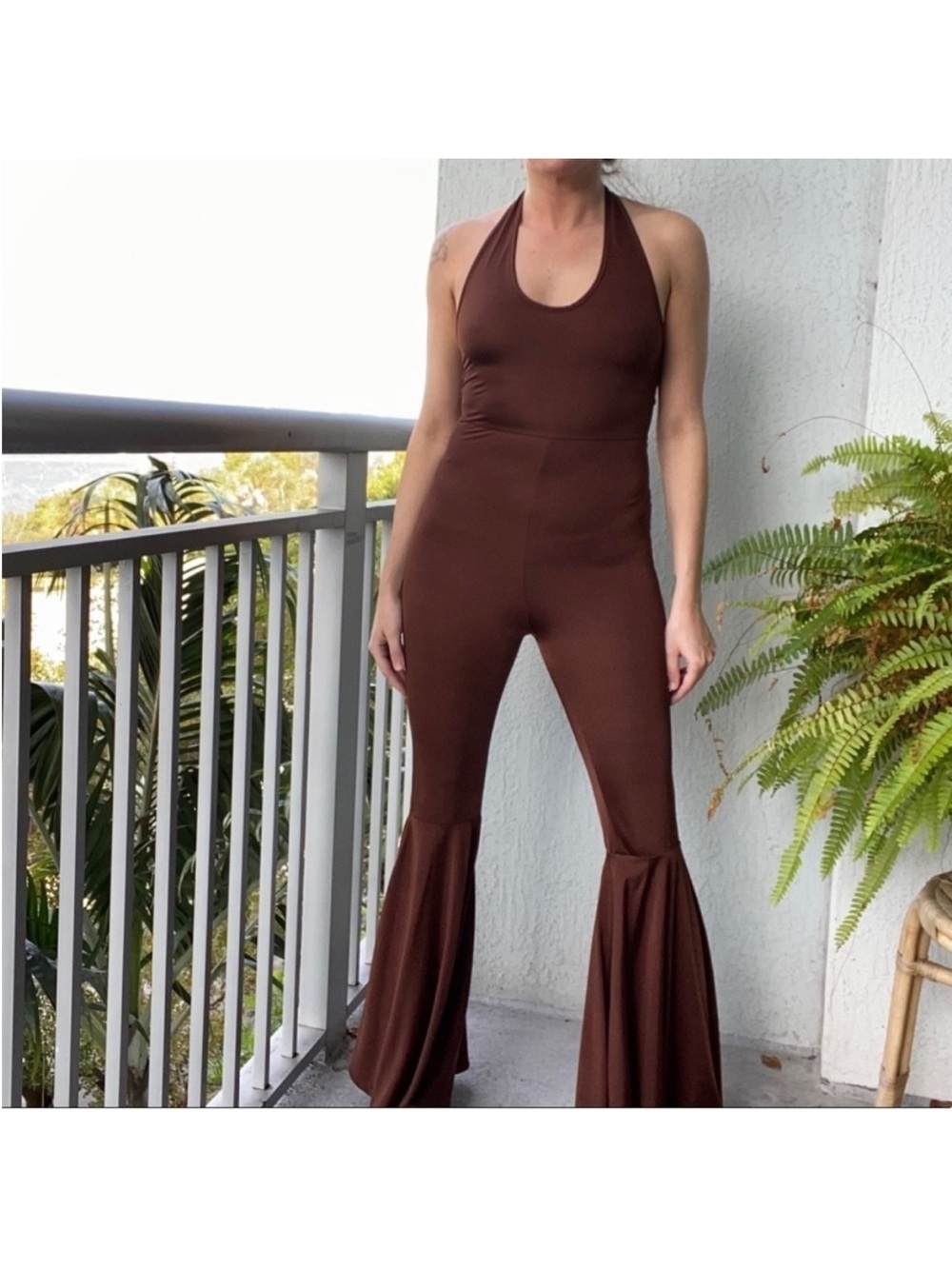 Chocolate Brown Stretchy Halter Flare Jumpsuit